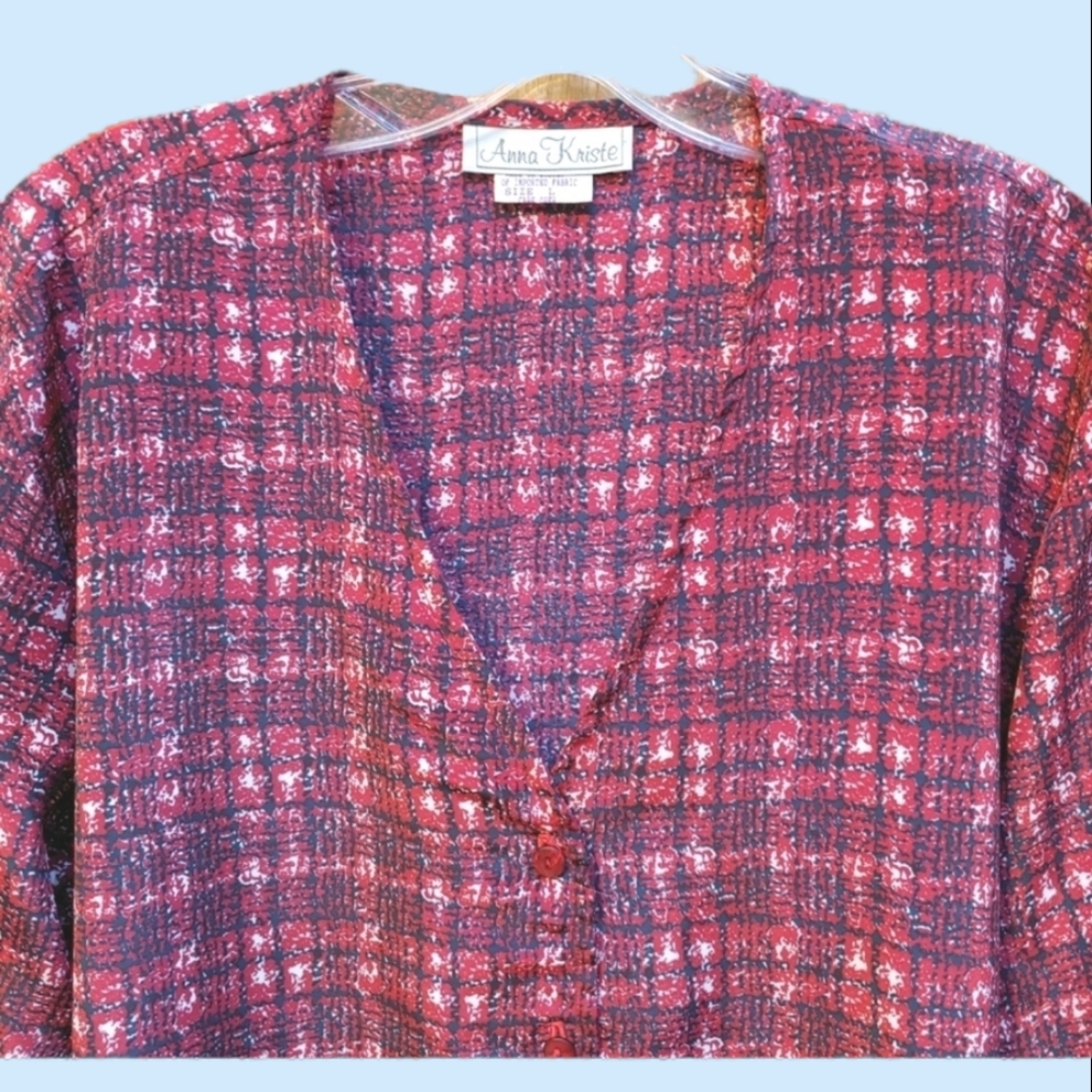 Anna Kriste Silky V-Neck Plaid Blouse Long Sleeves Plunging Vneck Button Down
